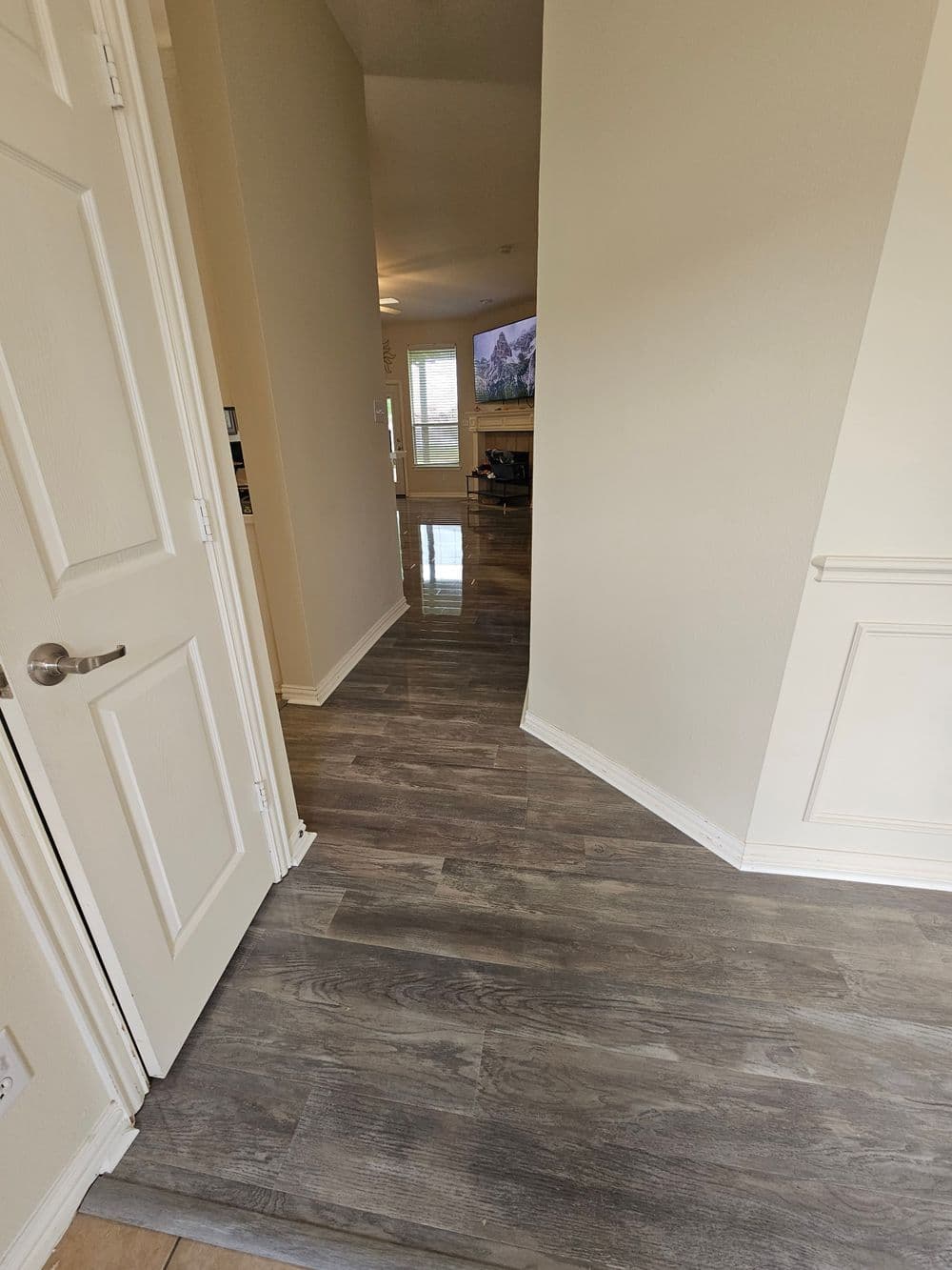 Inviting entry hallway with wooden flooring opening to a spacious living area.
