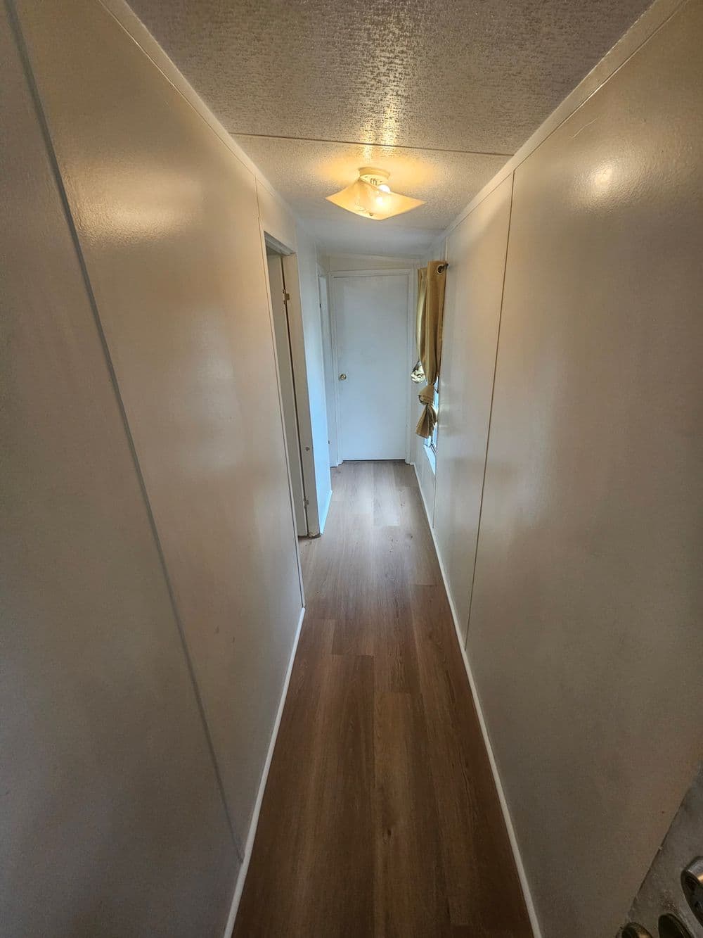 Bright hallway with wooden flooring, featuring a door at the end and a ceiling light.