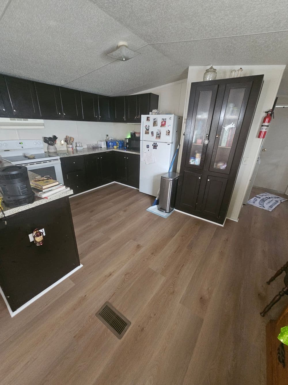 Modern kitchen with dark cabinetry, wood flooring, and stainless steel appliances.