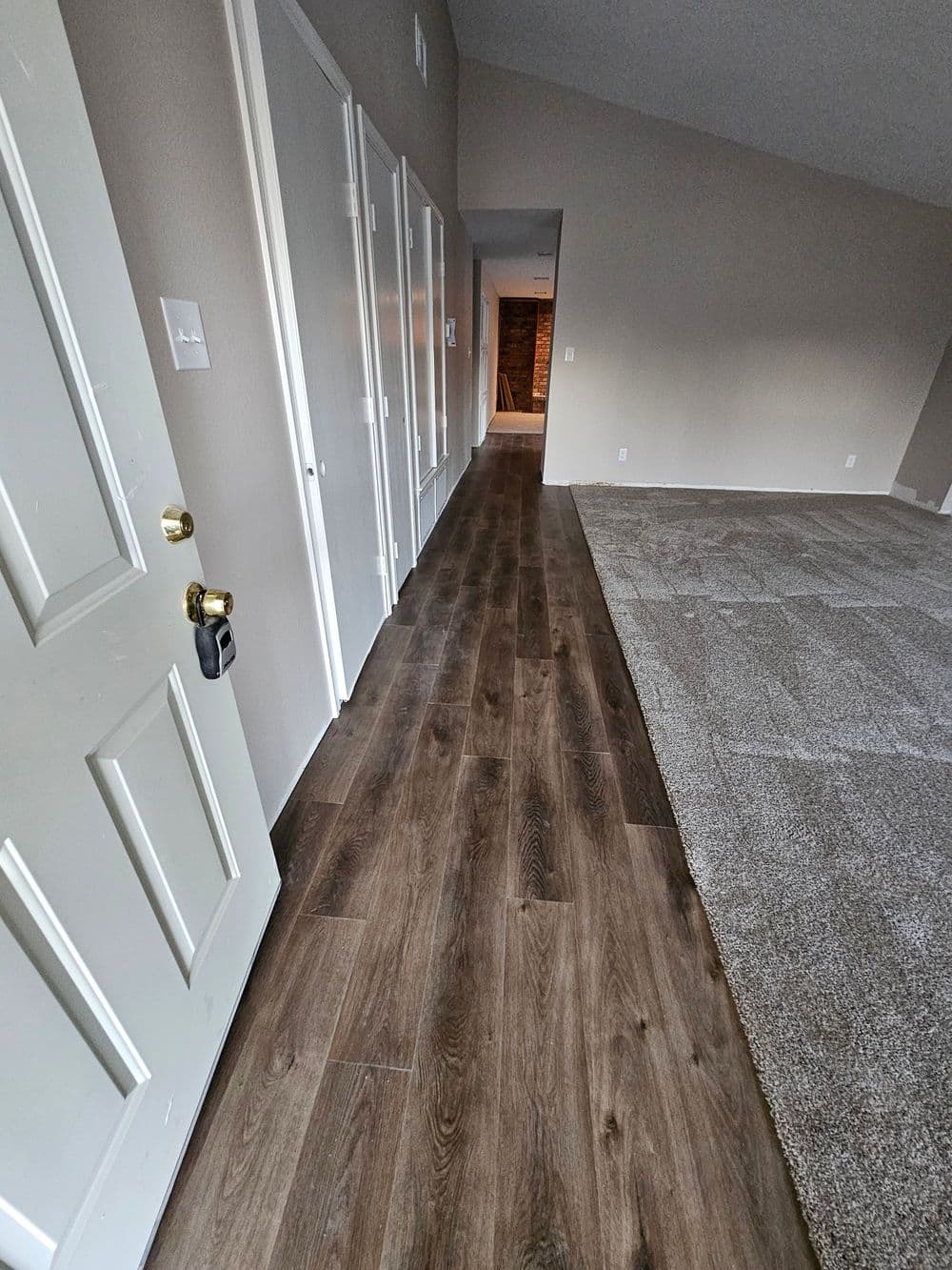 Modern hallway view with doors, hardwood flooring, and carpeted area, showcasing spacious layout.
