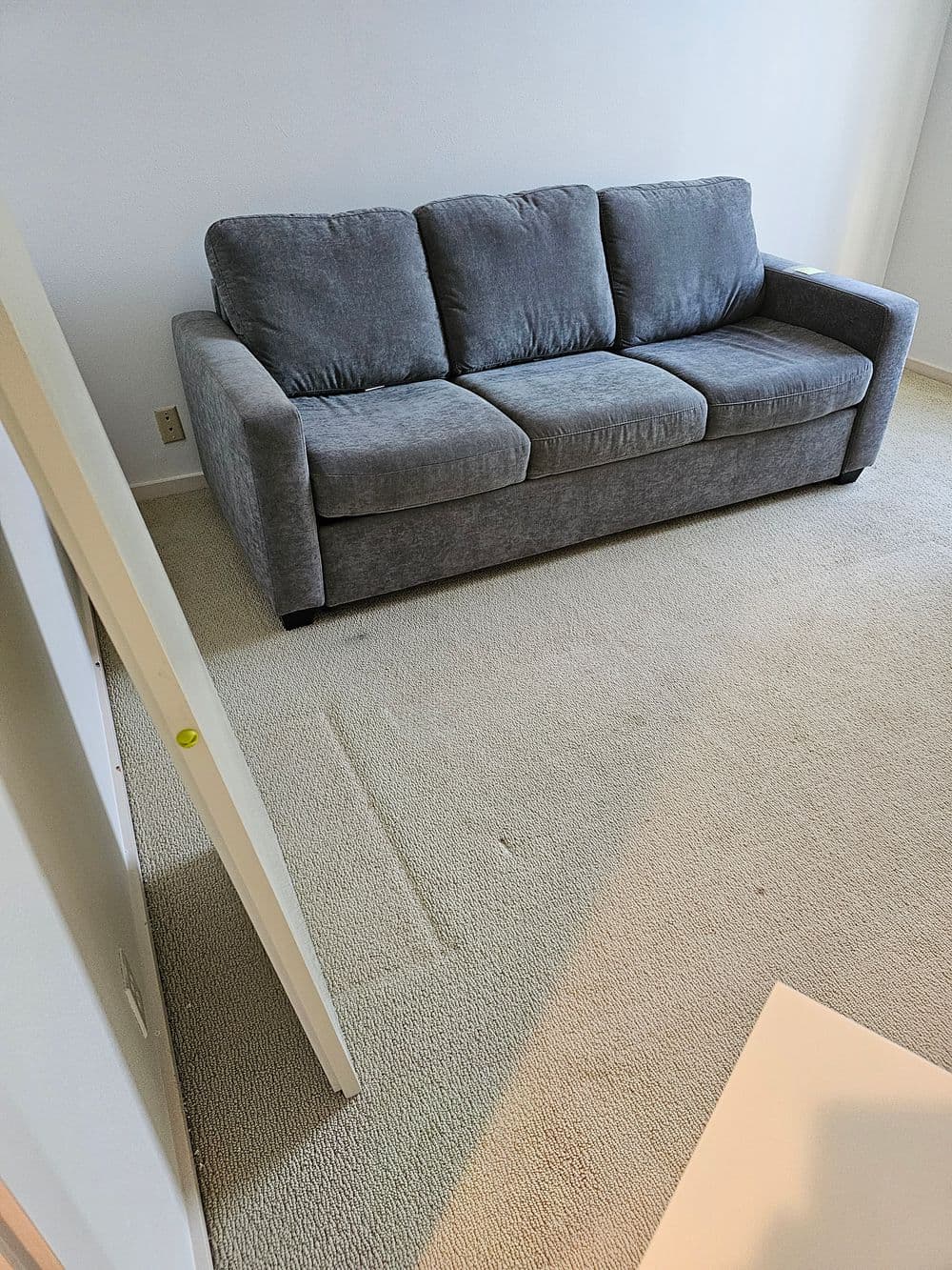 Gray upholstered sofa on beige carpet in a minimalist room setting.