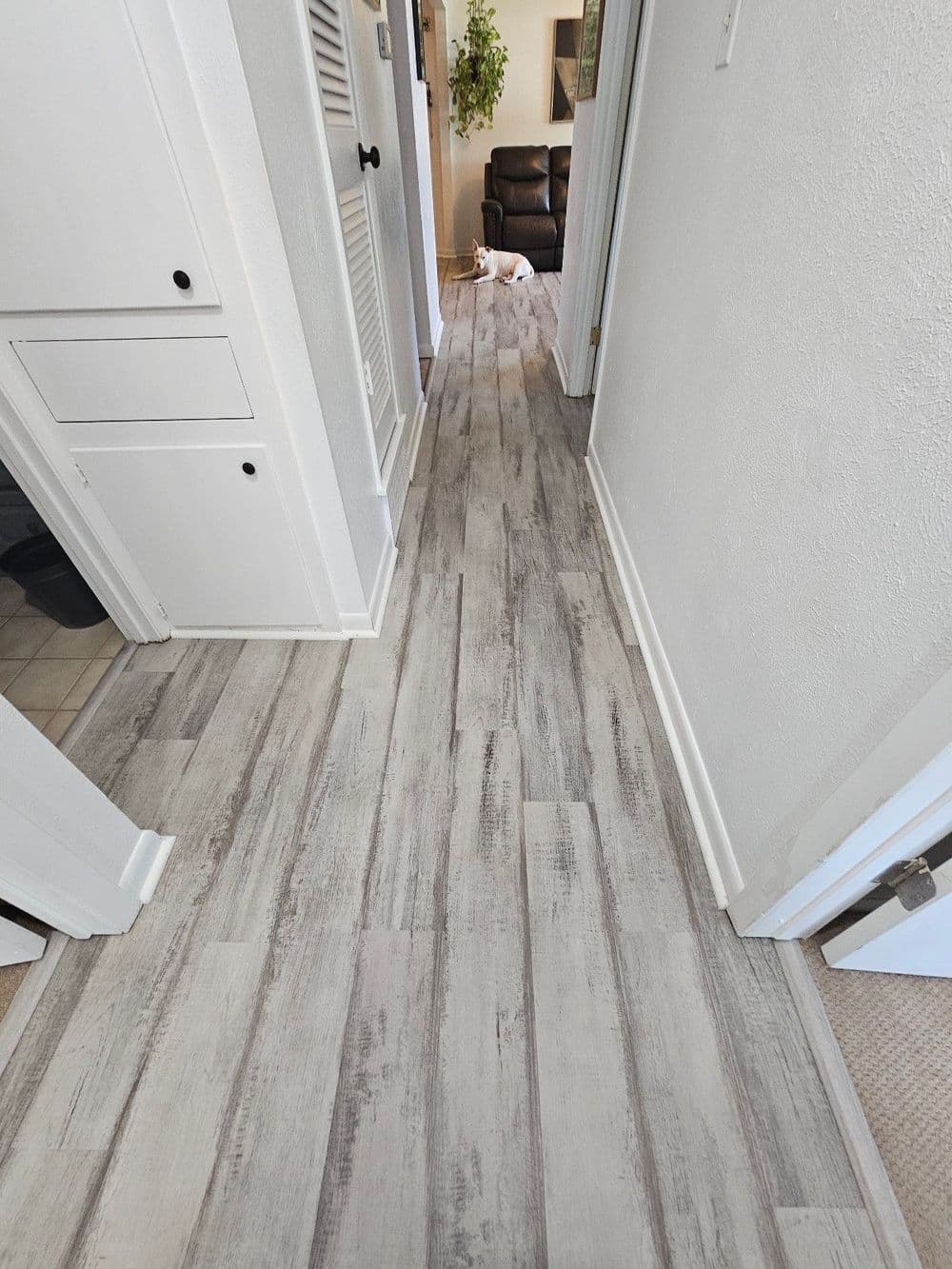 Long hallway with light gray wooden flooring, leading to a cozy living space.