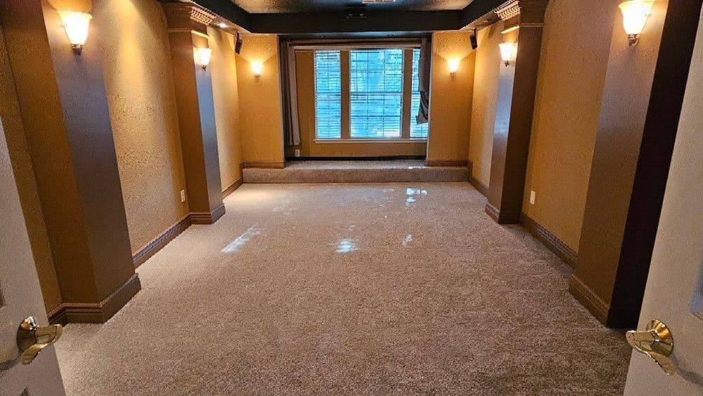 Spacious empty room with carpet, warm lighting, and large windows featuring neutral tones.