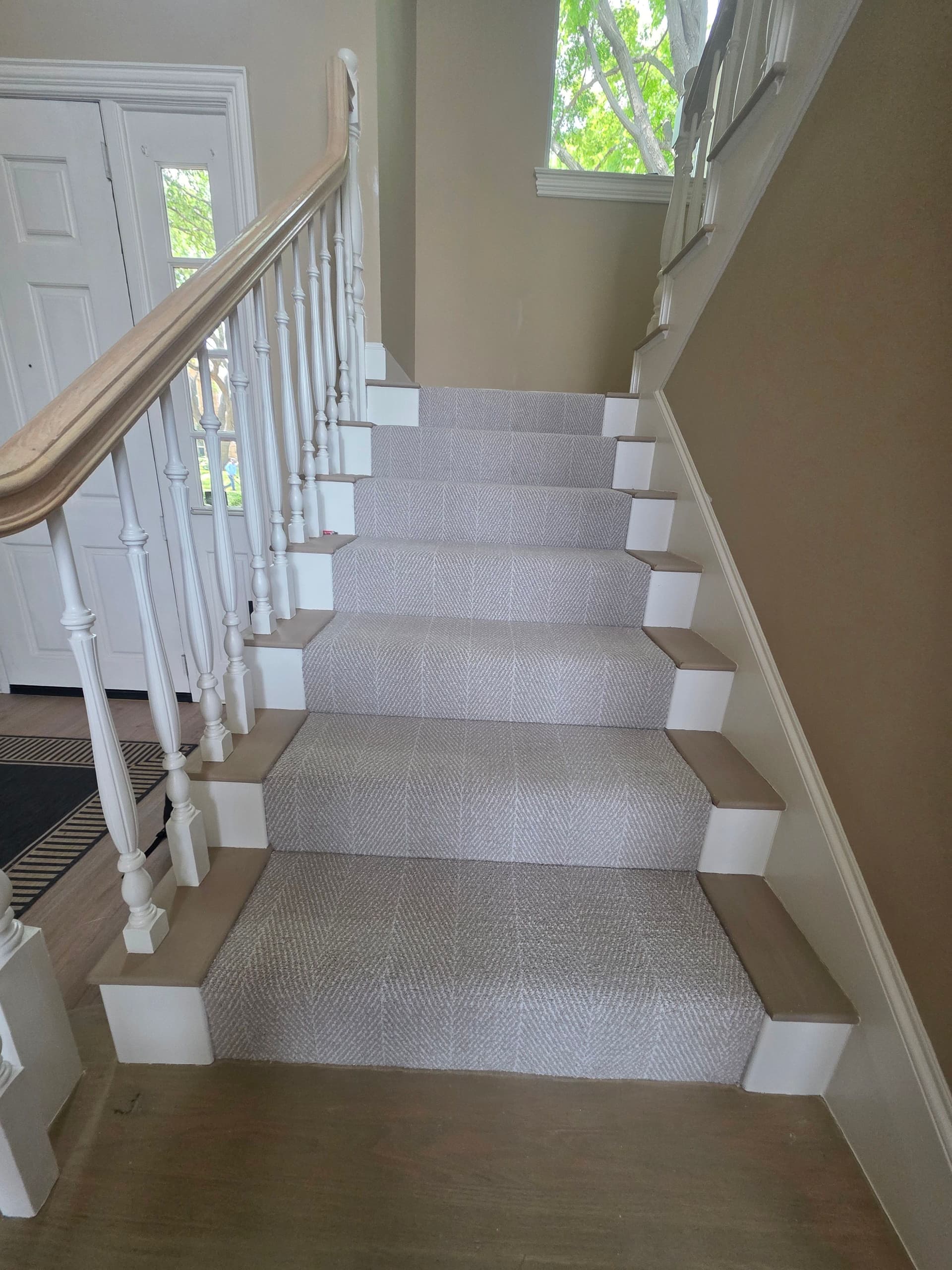 Gallery photos for Stair Carpet Swap - Dark Pattern Out, Light Gray Herringbone In: Image #1