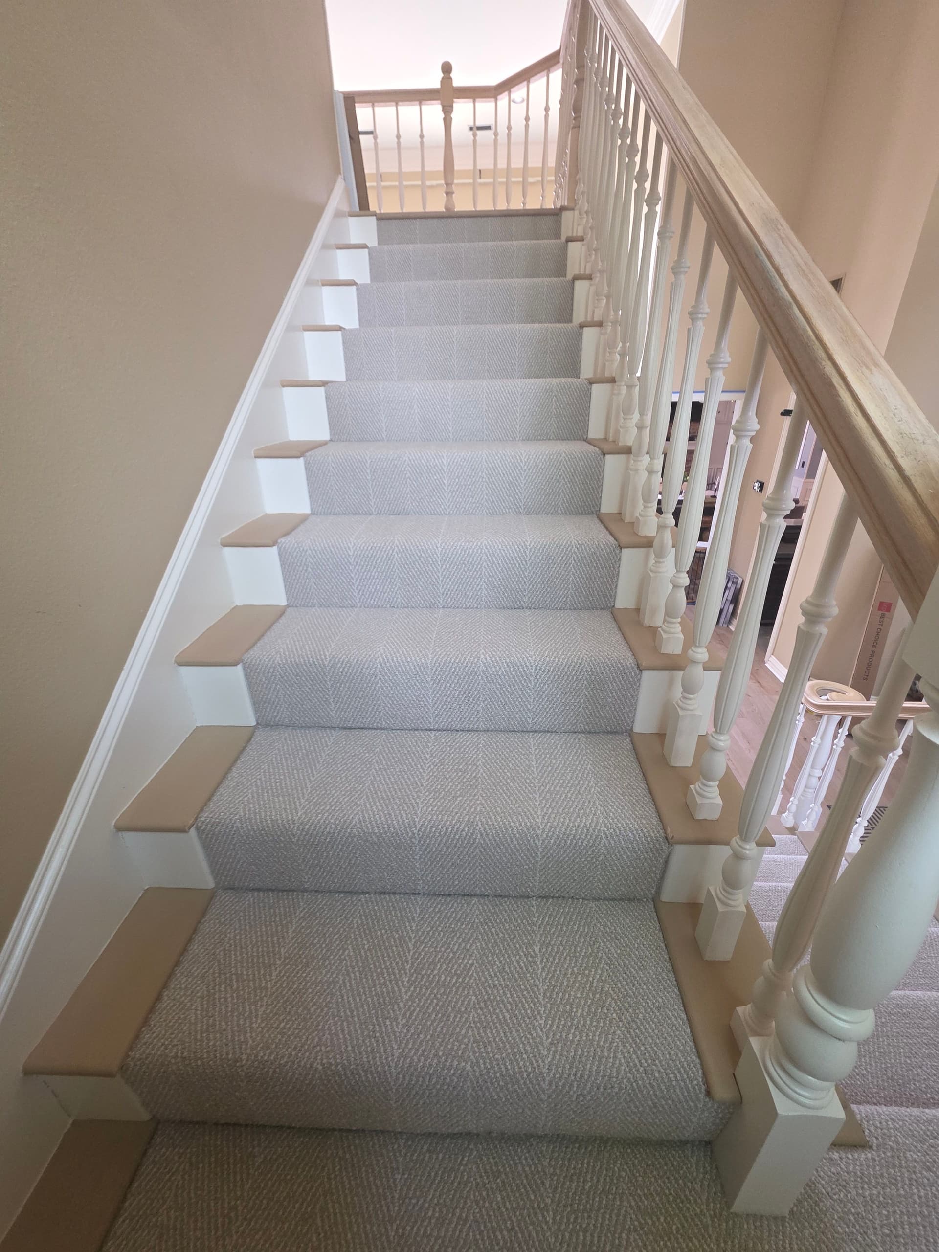 Gallery photos for Stair Carpet Swap - Dark Pattern Out, Light Gray Herringbone In: Image #2